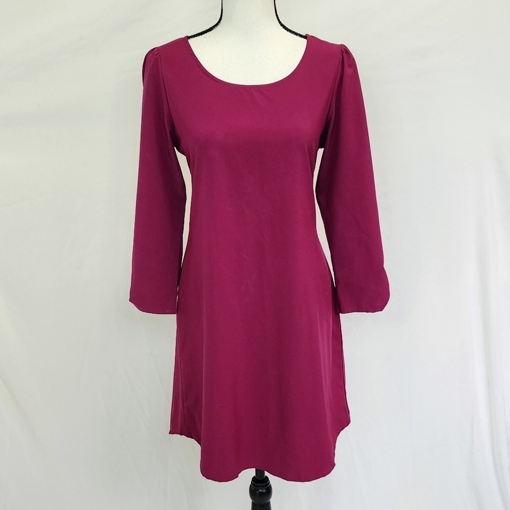Yeatts Magenta Roll Tab Sleeve Round Neck Casual Dress
